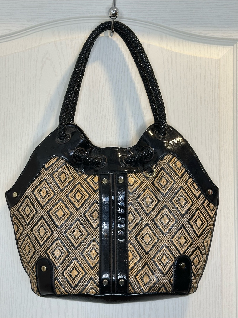 Anne Klein Woven Diamond Tote in Black and Tan